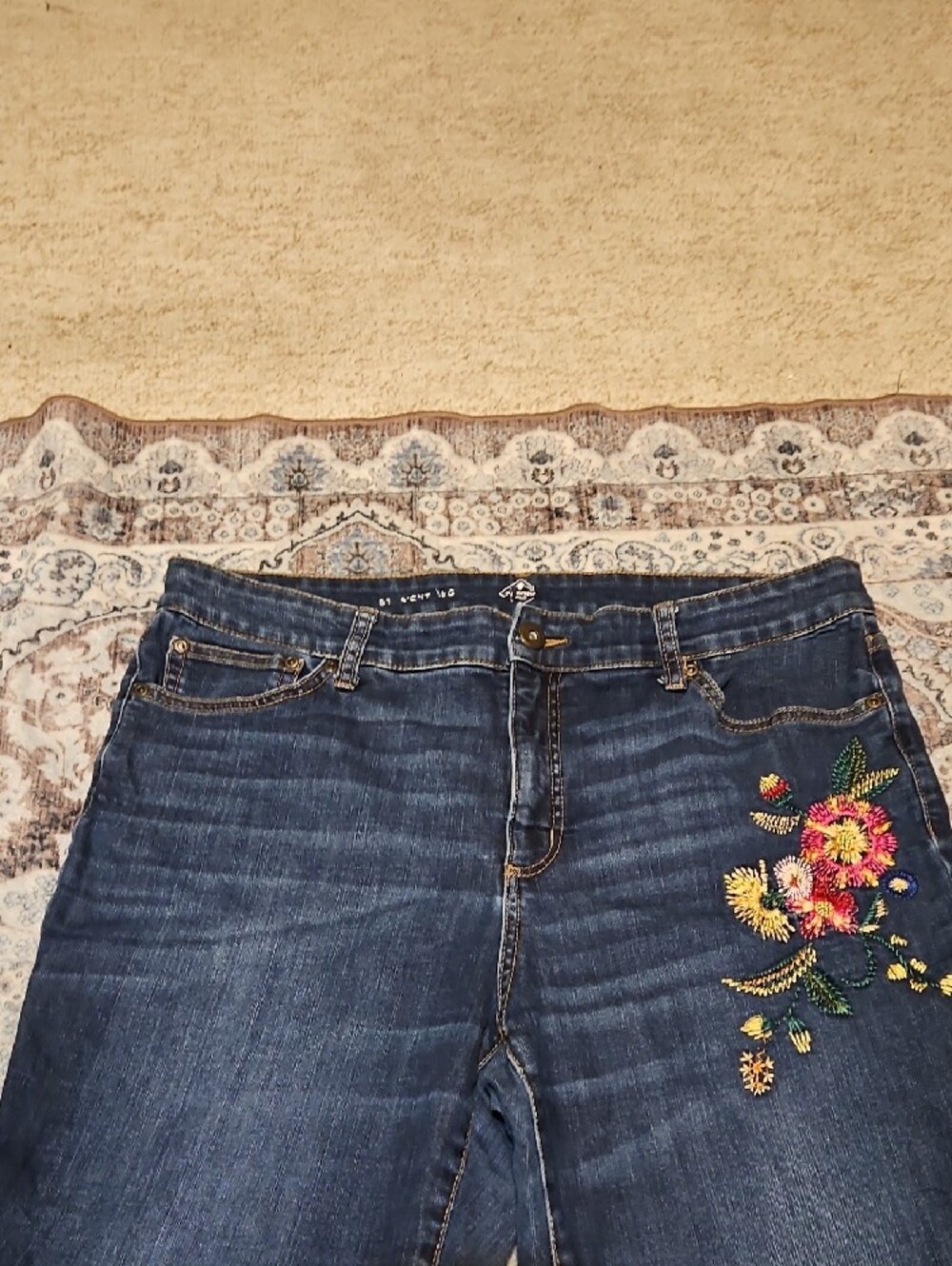 St. John's Bay Navy Straight-Leg Jeans with Pink & Yellow Floral Embroidery - Picture 2 of 7